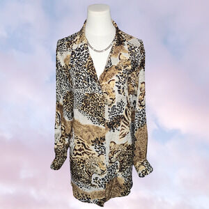 Vtg 80s 90s Fu Da Fine Silk Safari Animal Print Cheetah Leopard Button Up Top